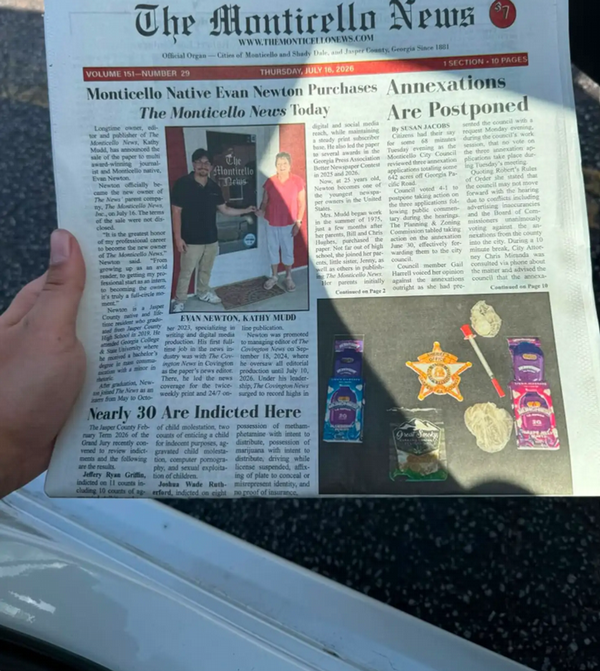 View of the front page of the newspaper Monticello News