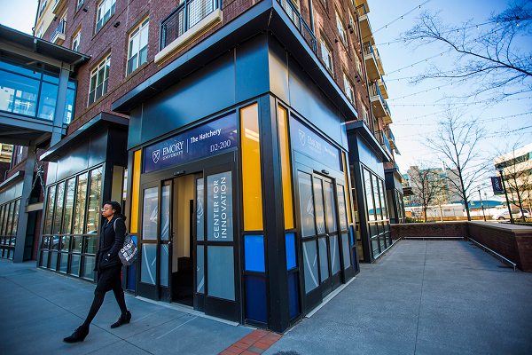 the entrance of The Hatchery with people coming and going